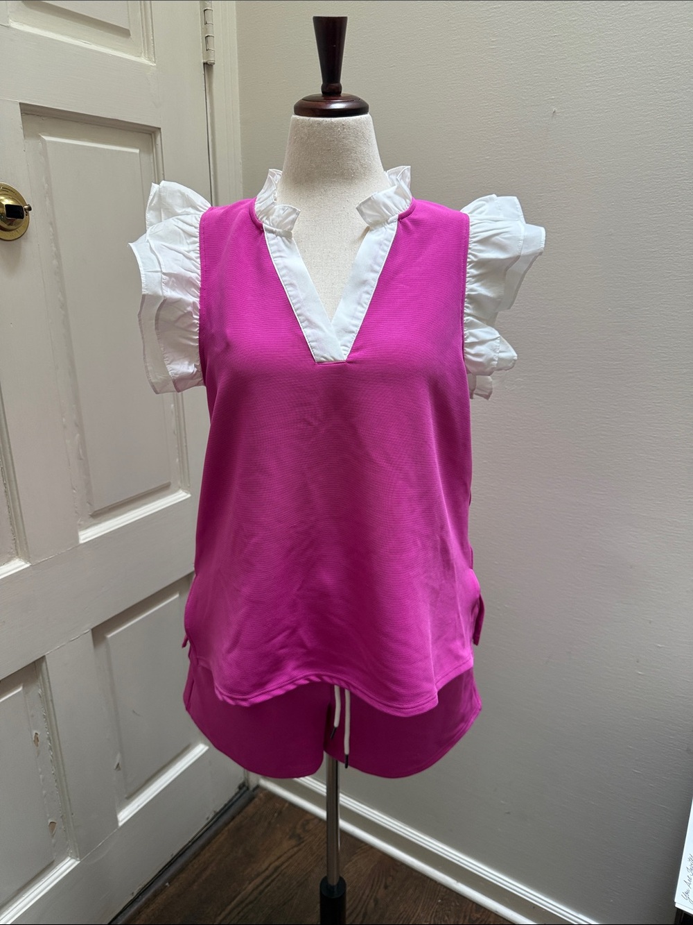 entro Bright Magenta Ruffle-Trim Sleeveless V-Neck Tank & shorts set